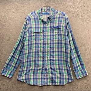 Southern Tide Men’s Large Button Up Shirt Blue Green Plaid Gingham Nylon Light